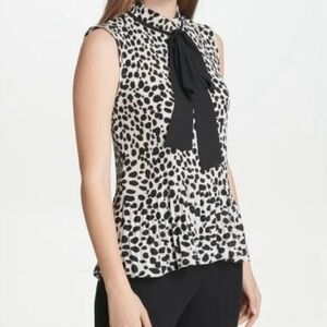 DKNY Women’s White Pleaded Animal Print Sleeveless Tie Neck Blouse